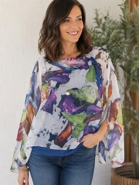 #1170 L.I.B. New York  Women's Blue Abstract Floral Chiffon Overlay